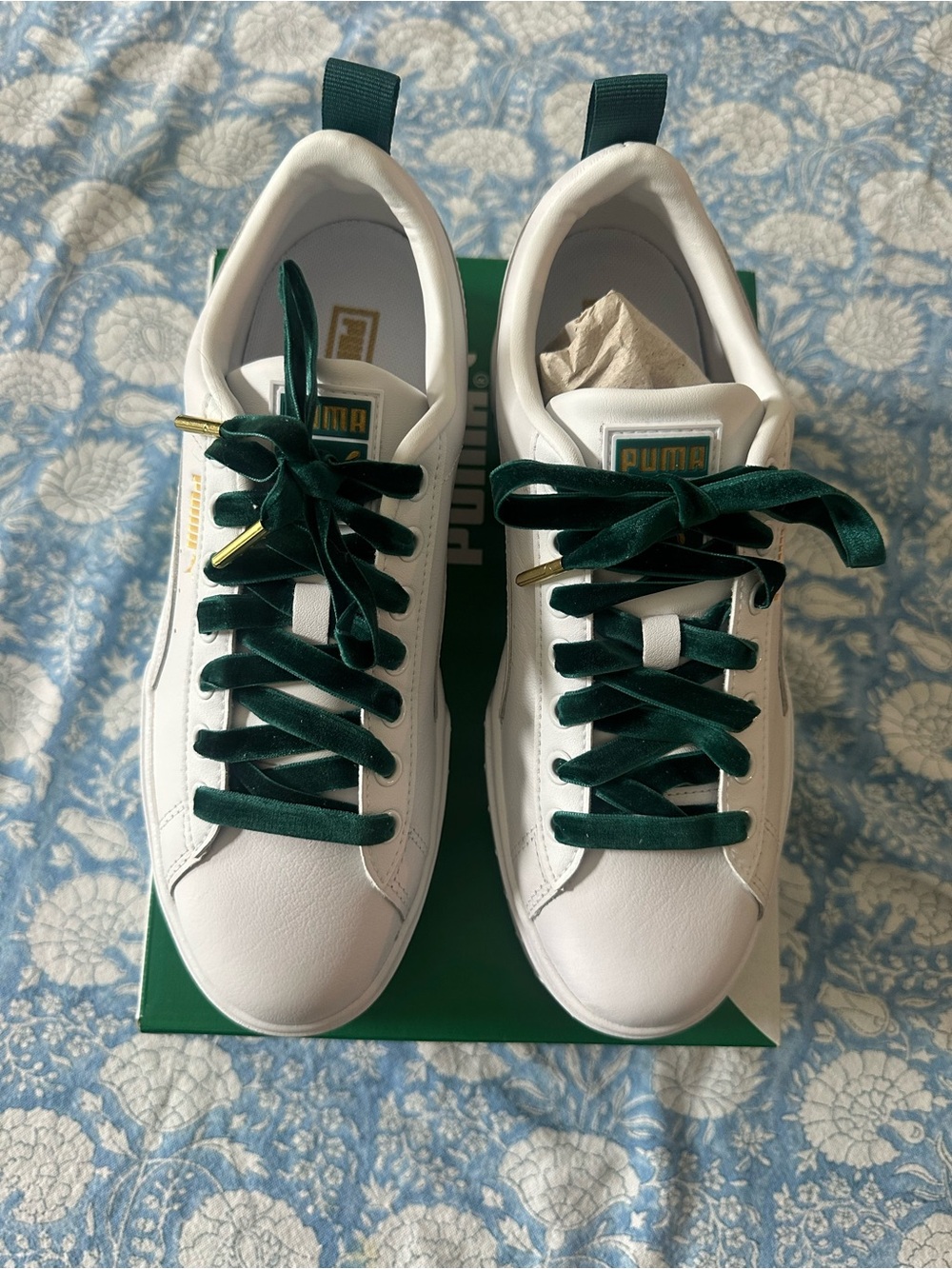 Puma White Sneakers with Dark Green Velvet Laces and Gold Accents